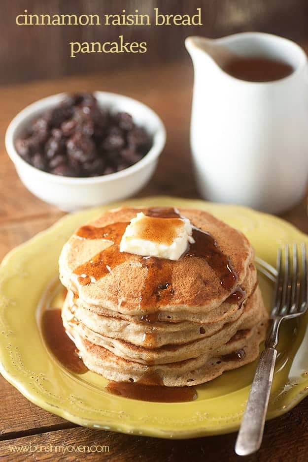 These cinnamon raisin bread pancakes are made a little healthier with whole wheat flour and lots of raisins! Drown them in maple syrup or cinnamon syrup!