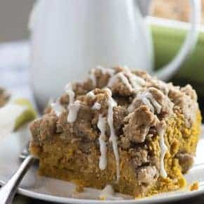 This pumpkin coffee cake is super moist and dense, kind of like a pumpkin pie. The huge streusel topping is so good, too!