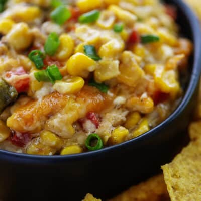 cheesy corn dip in bowl.