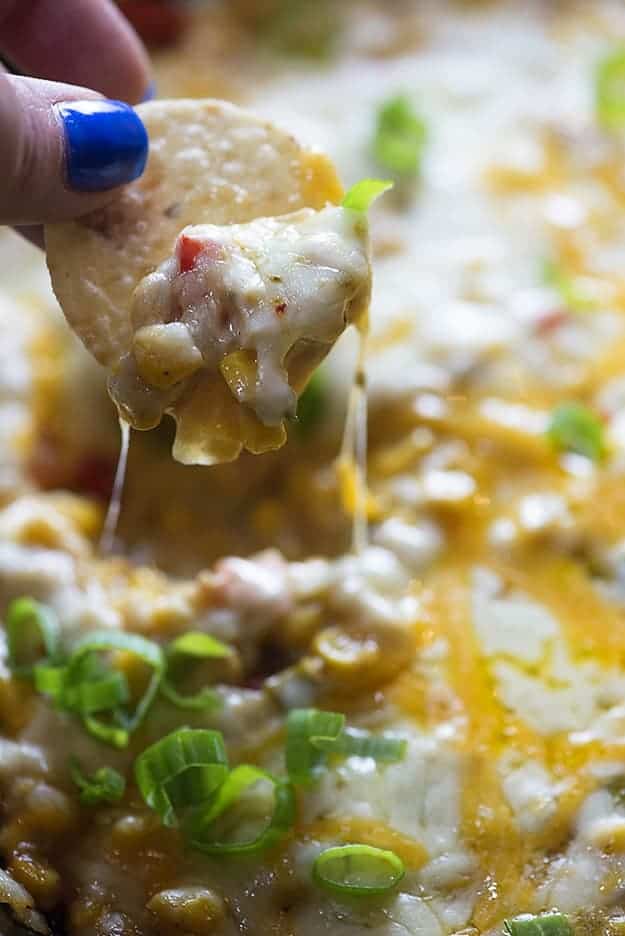 Cheesy hot corn dip! This is the perfect snack or appetizer!