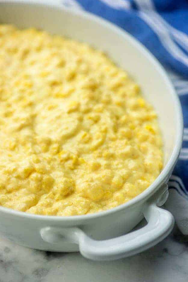 scalloped corn in baking dish