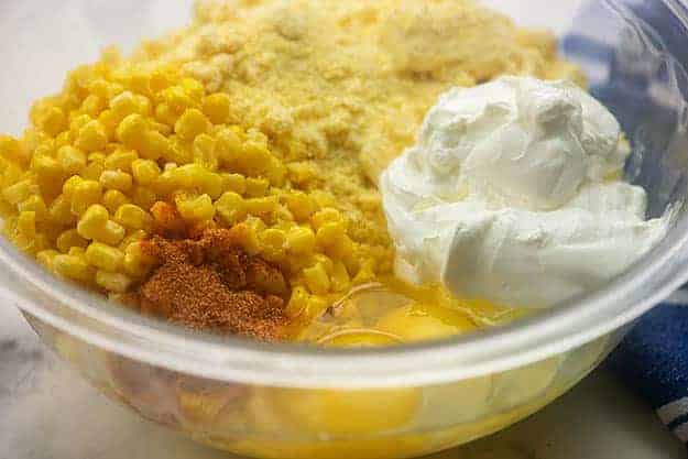 ingredients for scalloped corn in mixing bowl