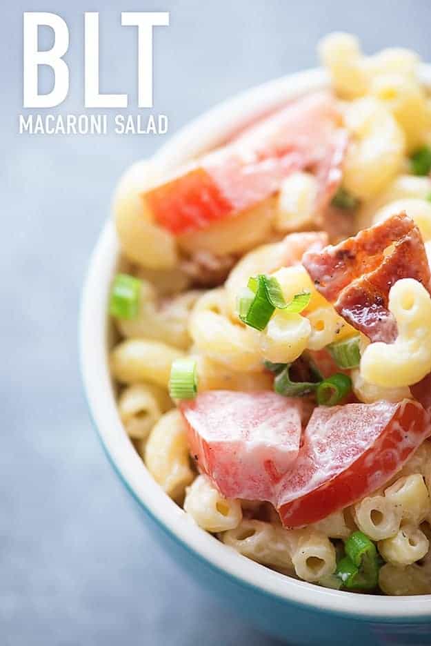 The BLT pasta salad recipe is perfect for summer! Loaded with bacon, tomatoes, and green onions. 
