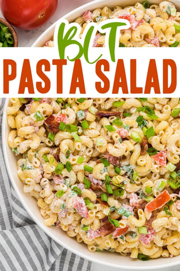 pasta salad with bacon in large white bowl.