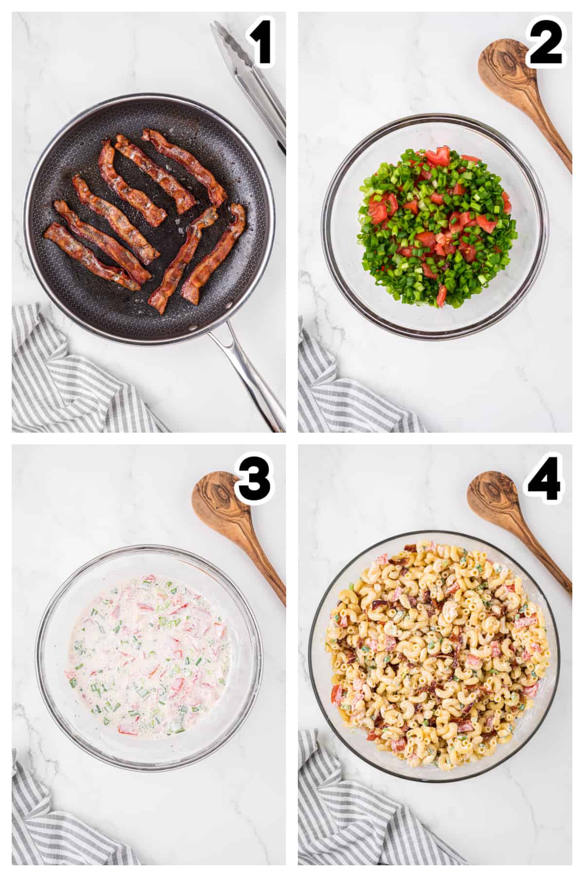 Collage showing how to make BLT pasta salad.