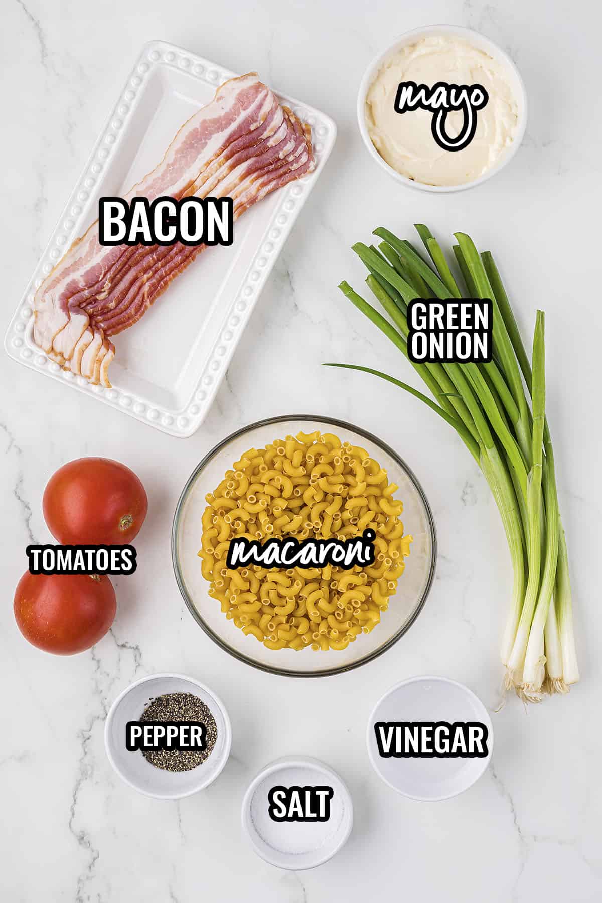 Ingredients for BLT Pasta Salad recipe.