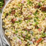 My whole family loves this BLT pasta salad recipe. It's packed with bacon, tomatoes, and green onions.