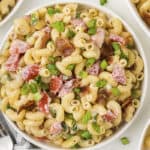 BLT pasta salad in white bowl.