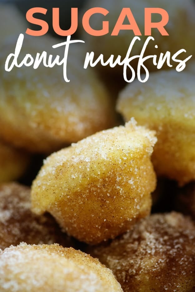 close up of donut muffins with text for Pinterest.