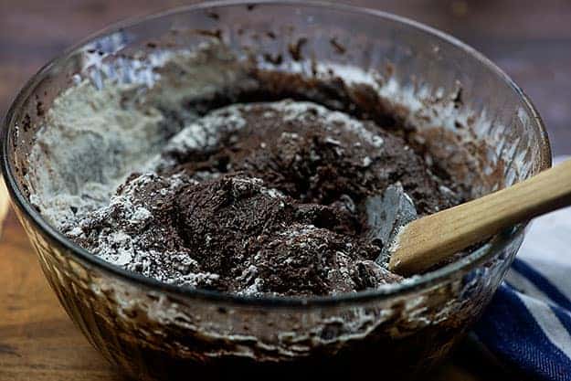 brownie batter in glass bowl