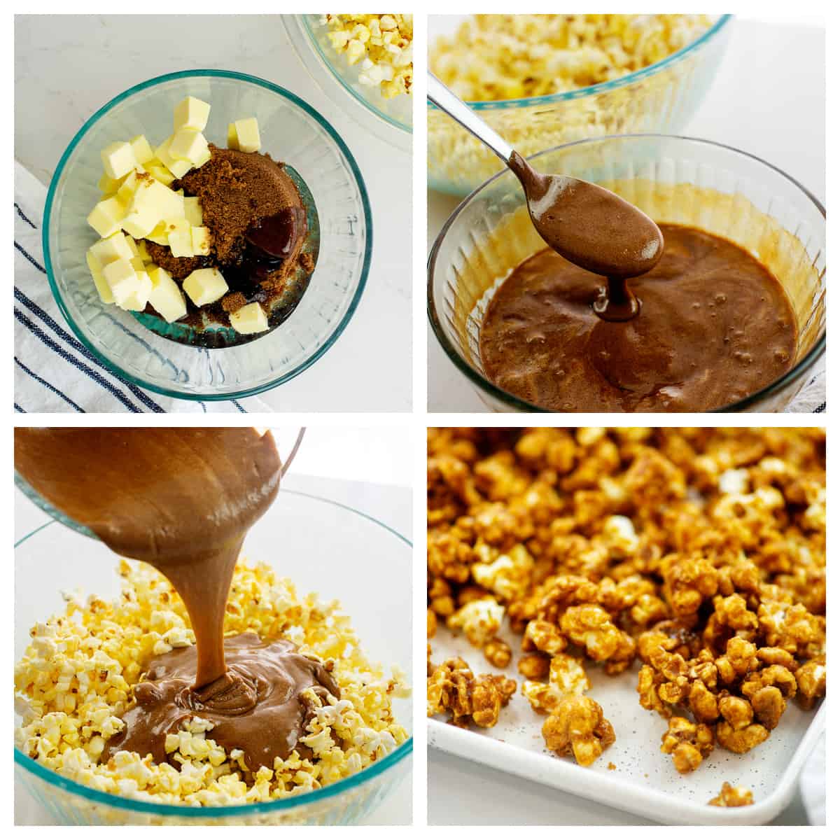 Collage showing how to make homemade caramel corn.