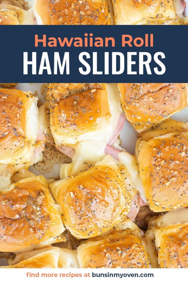 overhead view of hot ham and cheese sliders in baking dish.