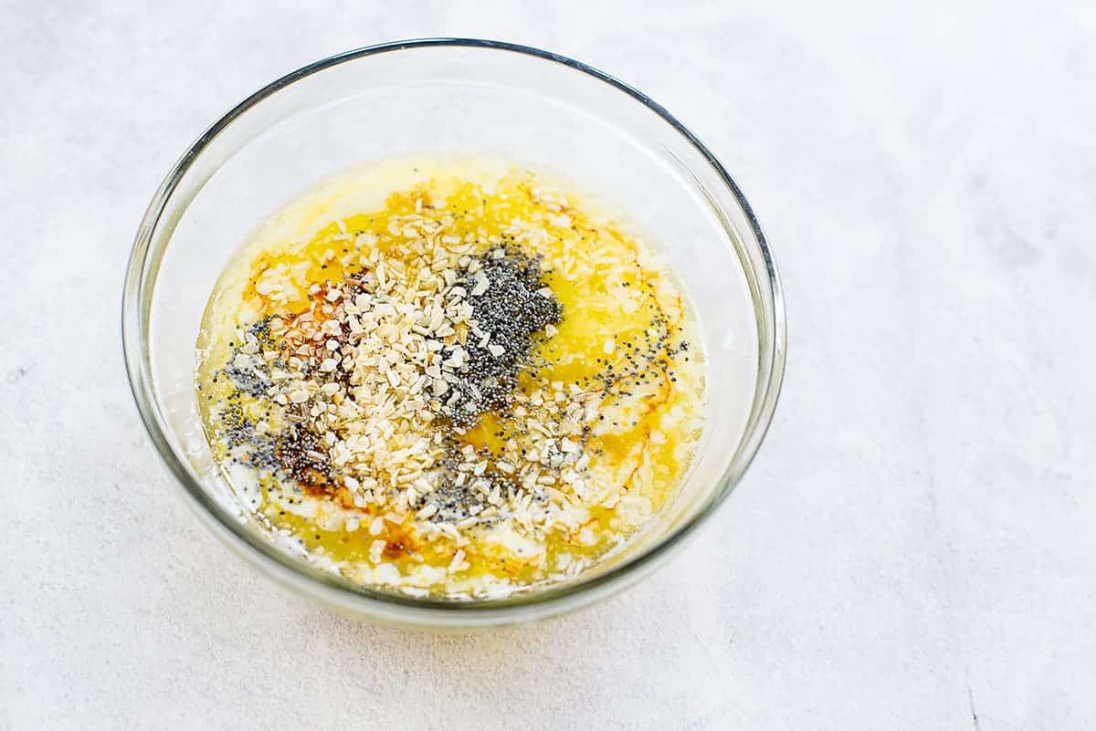 melted butter with seasonings in glass bowl.