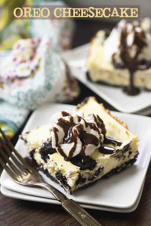 This Oreo cheesecake recipe has just a handful of ingredients! We love the Oreo cookie crust hiding under the creamy cheesecake!