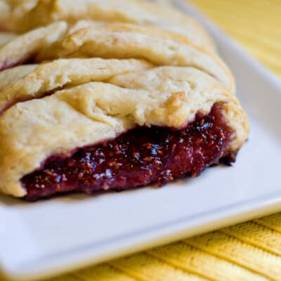 A closeup of raspberry coffee cake filling