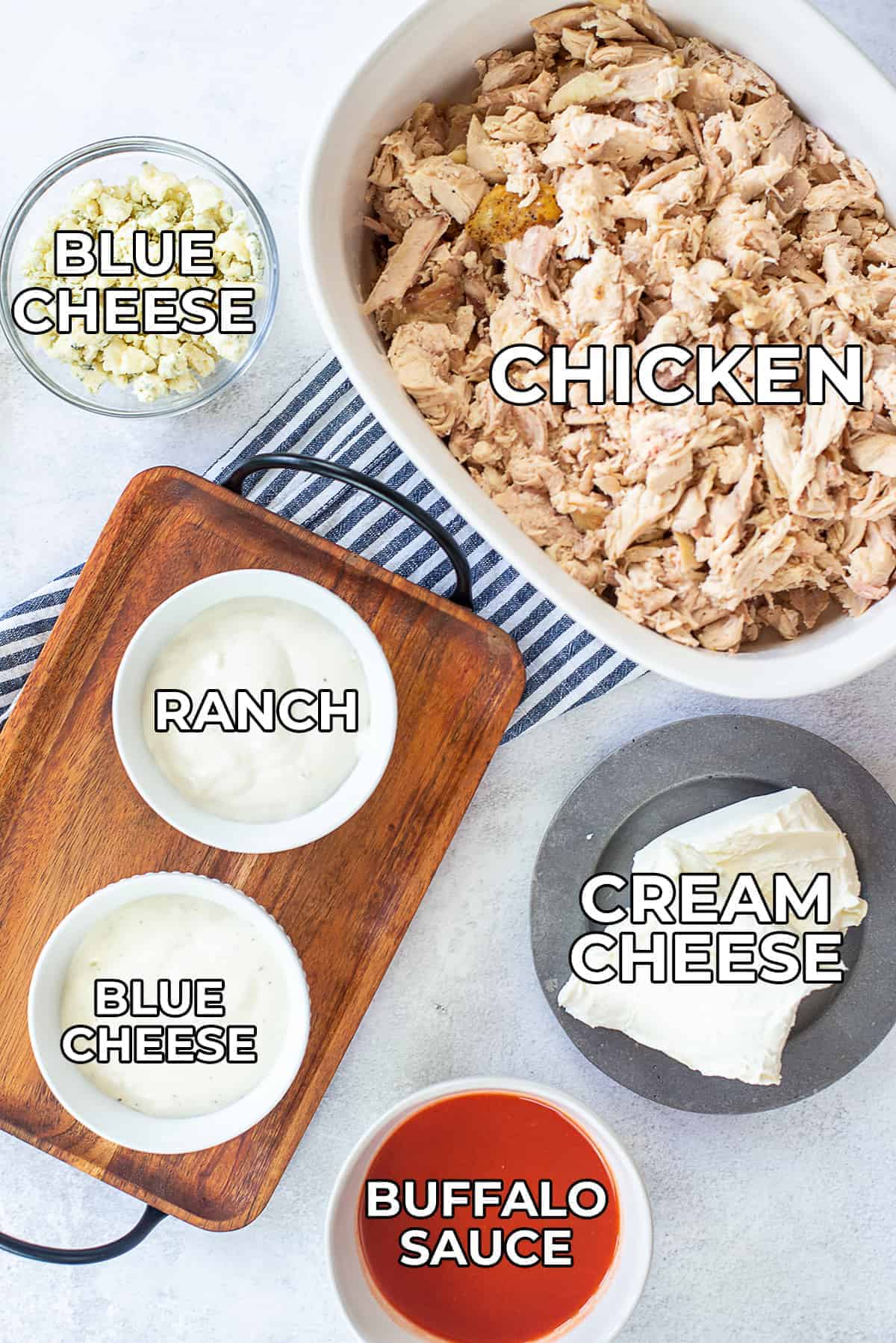 ingredients for buffalo chicken dip.