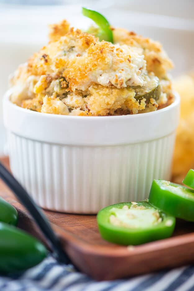 jalapeno popper dip piled high in white dish.