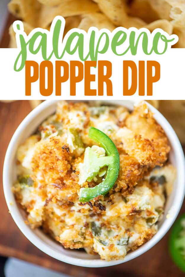 jalapeno dip in white bowl with text for PInterest.