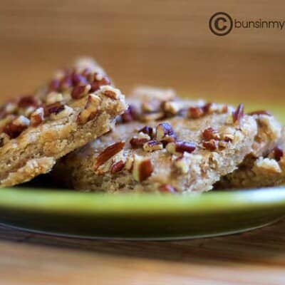 A closeup of cinnamon squares stacked up