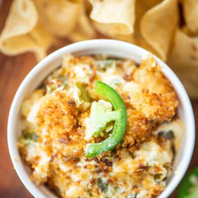 overhead view of jalapeno popper dip in bowl.