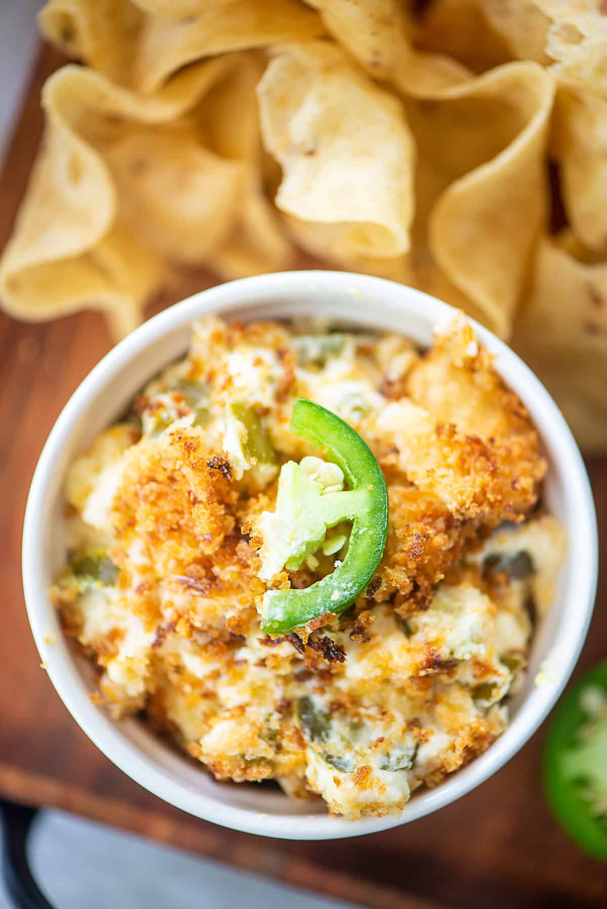overhead view of jalapeno popper dip in bowl.