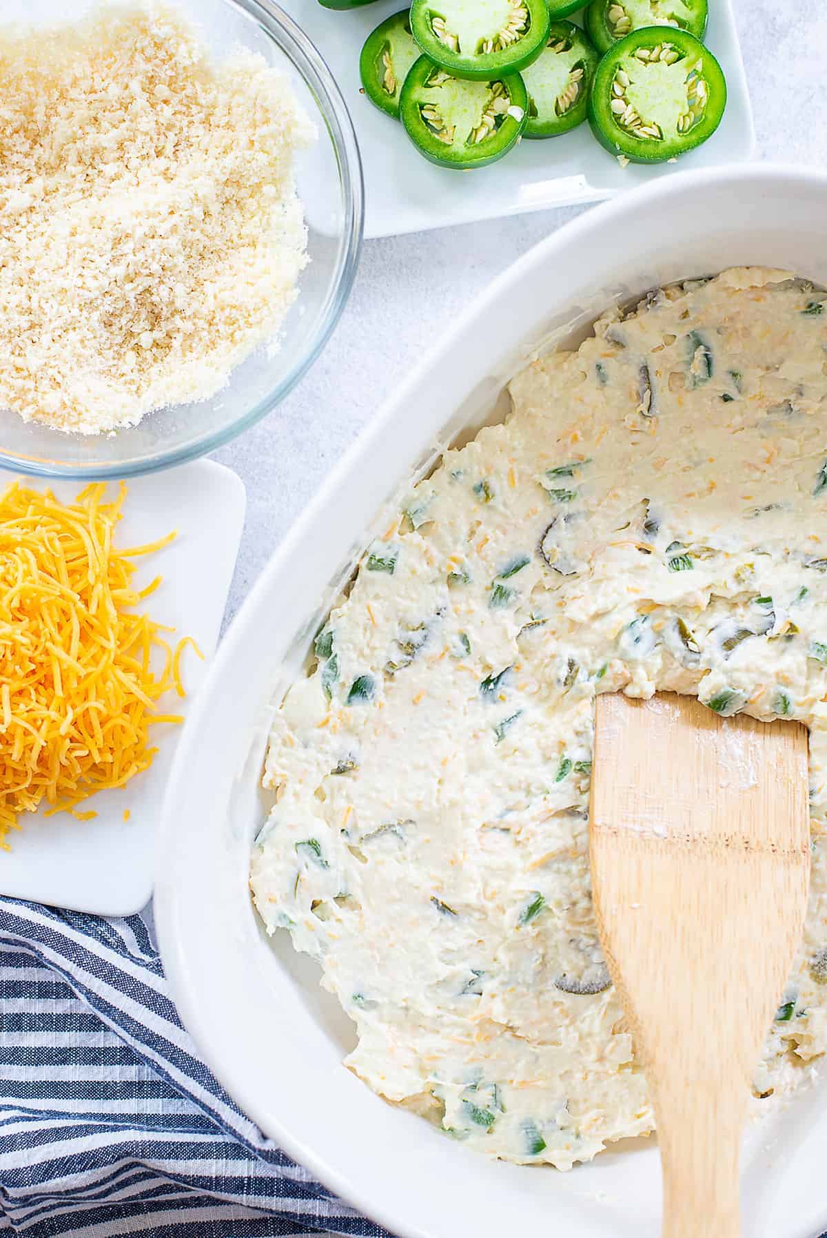 jalapeno popper dip in baking dish.