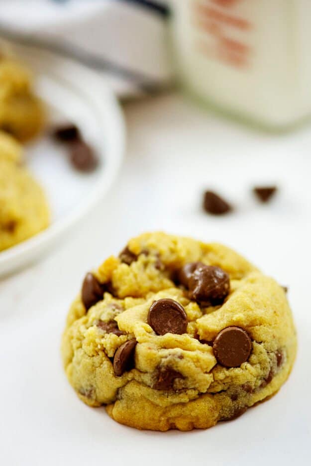 thick and chewy chocolate chip pudding cookie on counter.