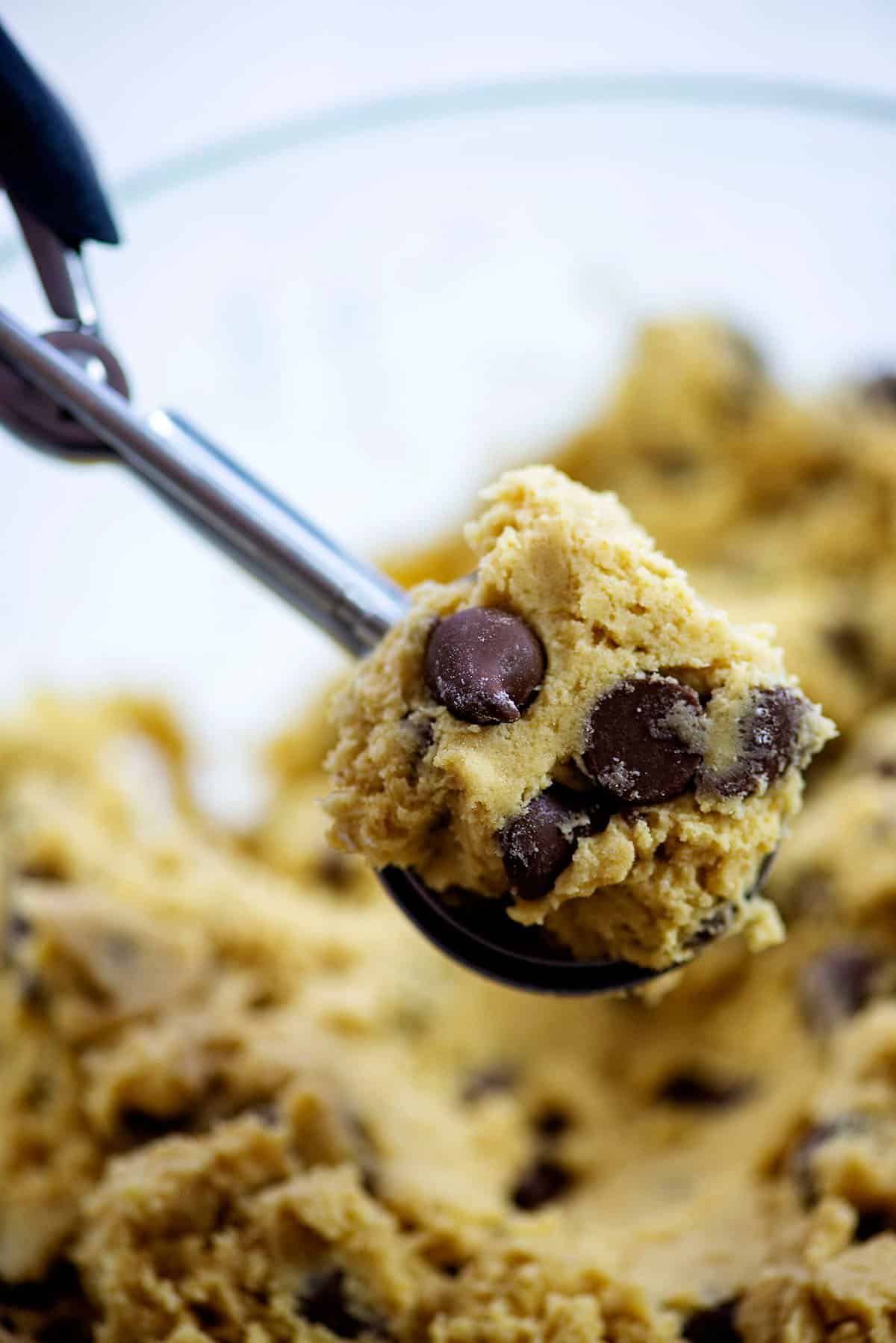 cookie dough in cookie scoop.