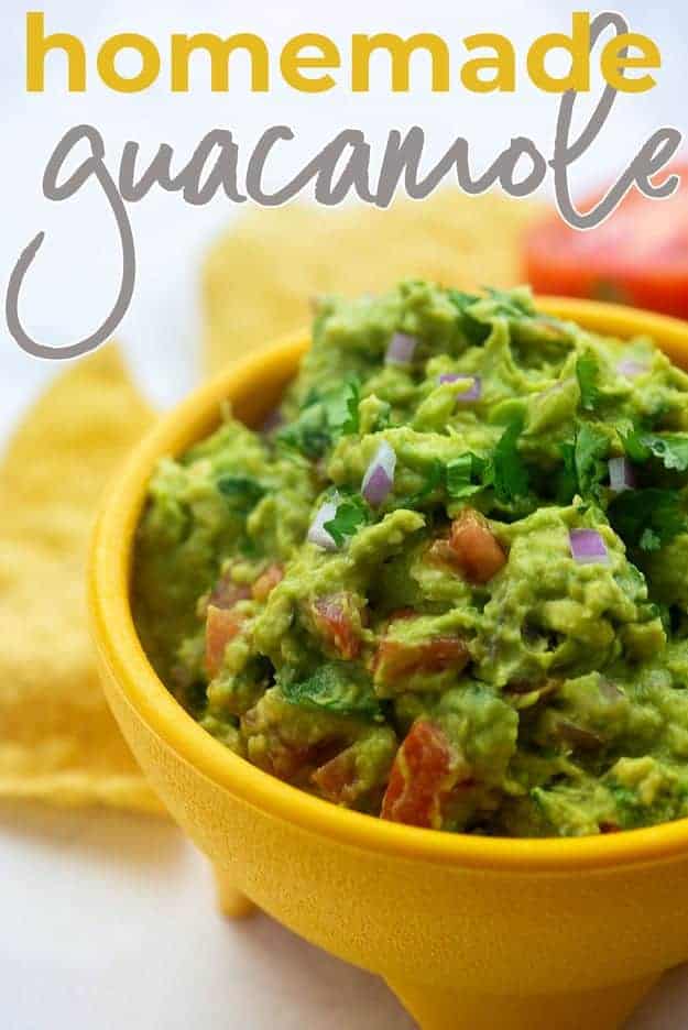 homemade guacamole recipe in yellow bowl