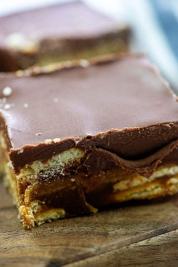 Square chocolate peanut butter candy bars.