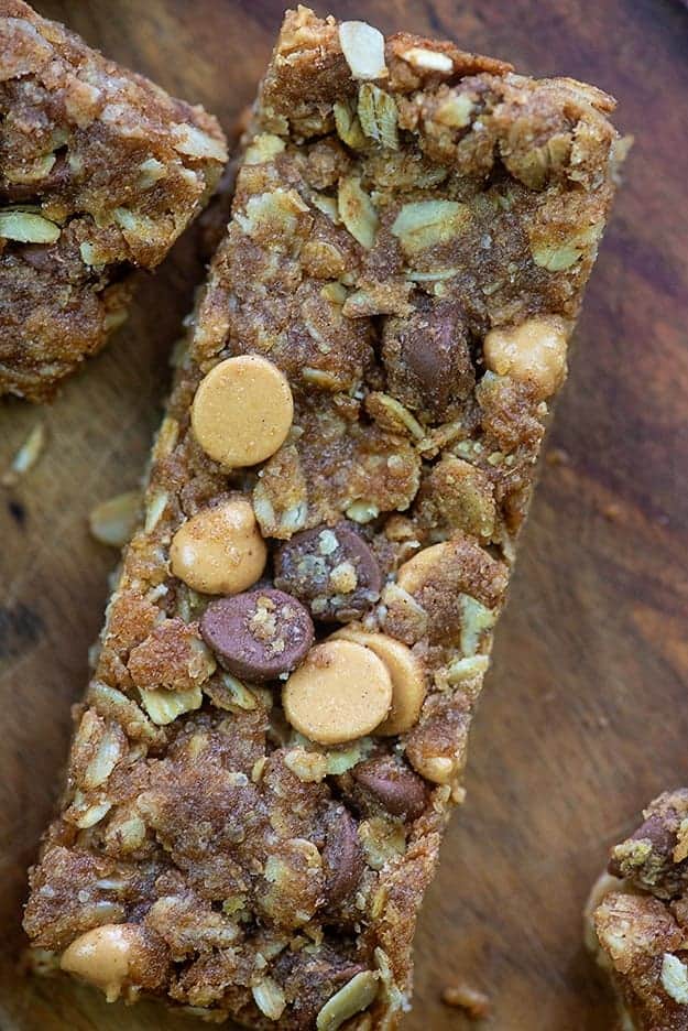 Granola bar on a wooden table.