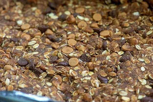 A close up of flattened granola dough.