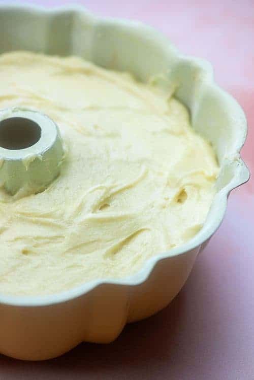 pound cake dough in a bundt pan