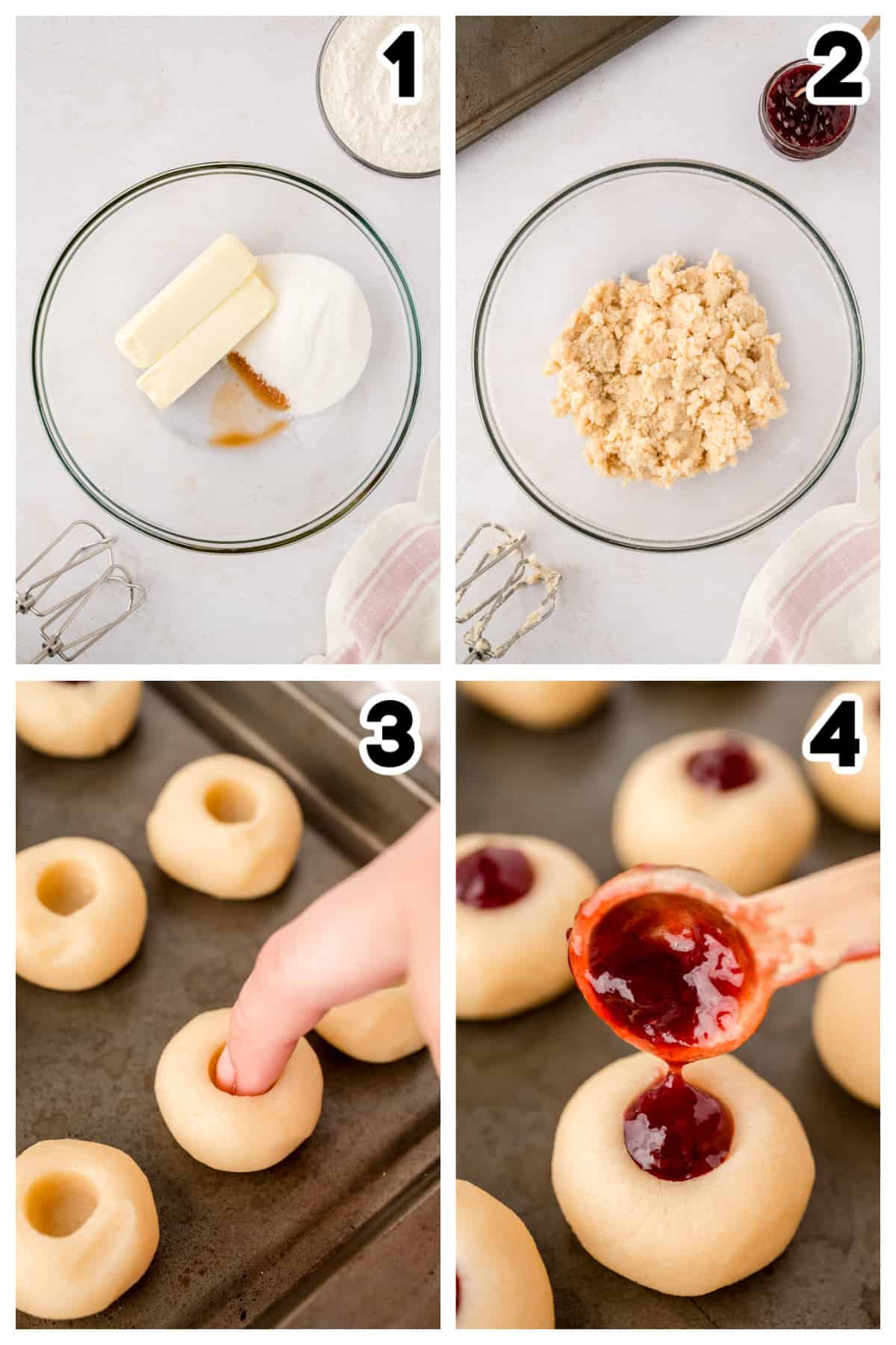 Collage showing how to make thumbprint cookies with raspberry jam.