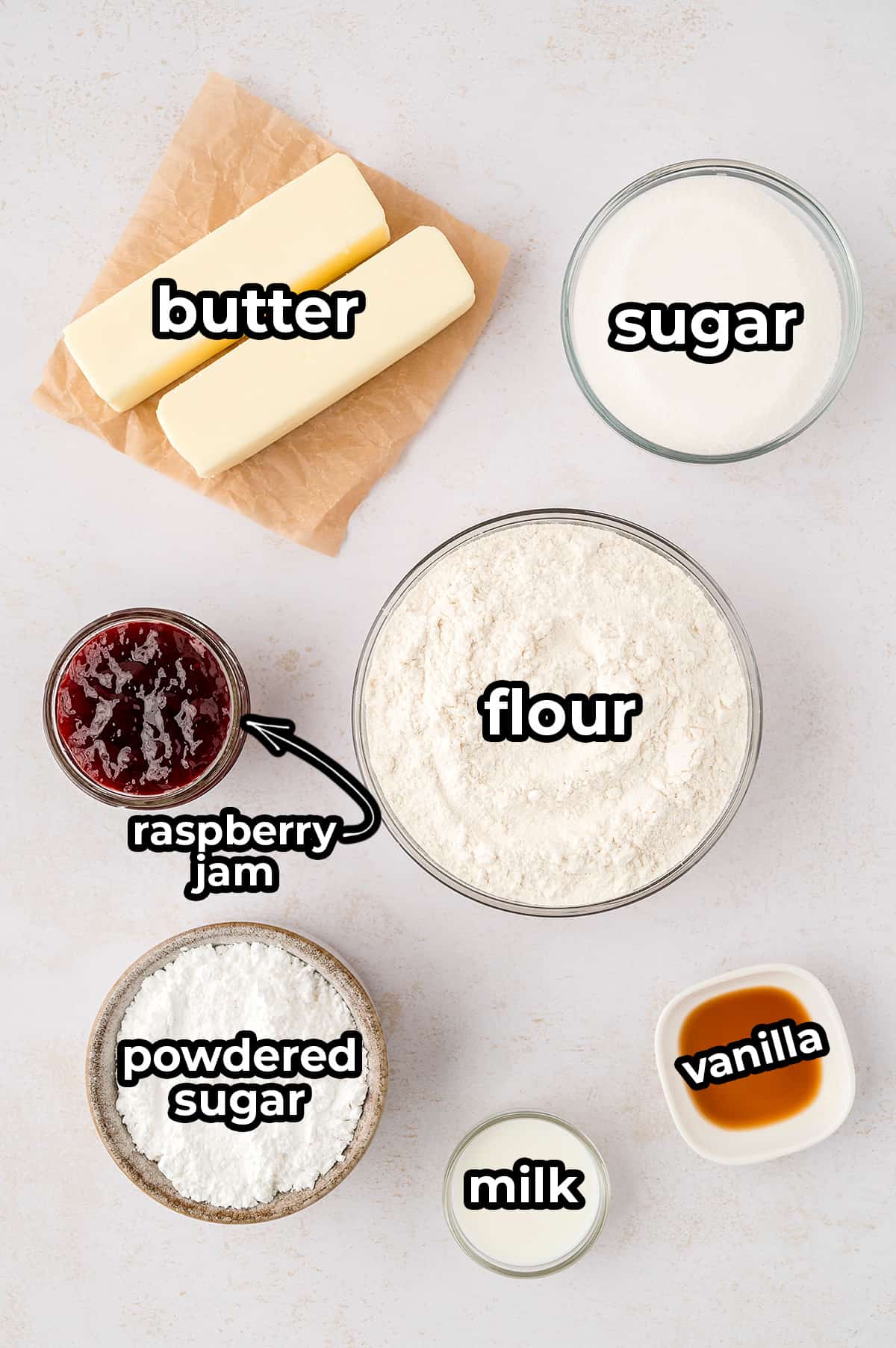 Ingredients for raspberry shortbread cookies.