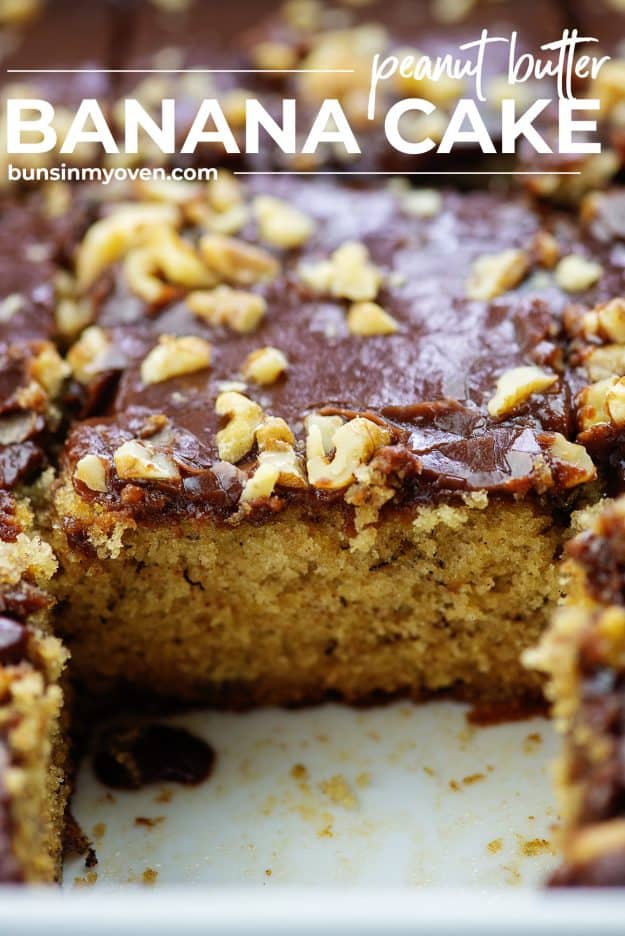 banana cake with chocolate frosting and walnuts in baking dish