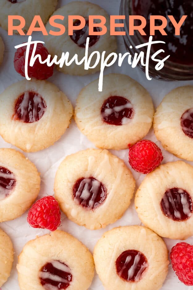 Raspberry thumbprint cookies with text for Pinterest.