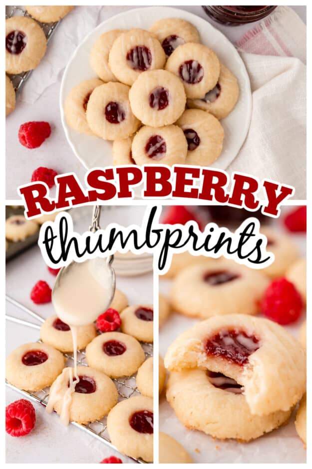 Collage of raspberry thumbprint cookie images.