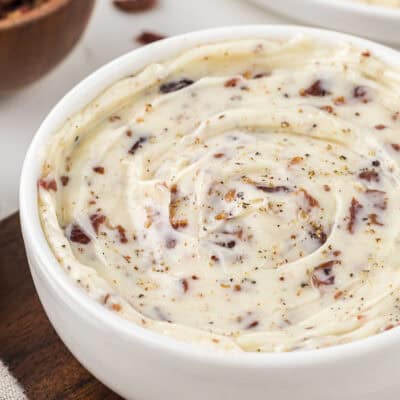 Bacon butter in small white bowl.
