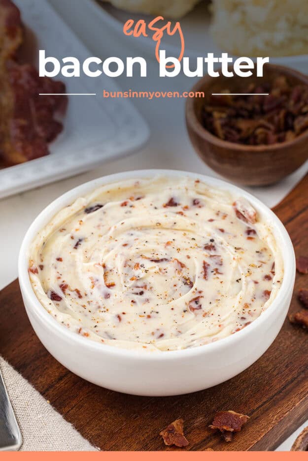 Compound butter made with bacon and dijon in small white bowl.