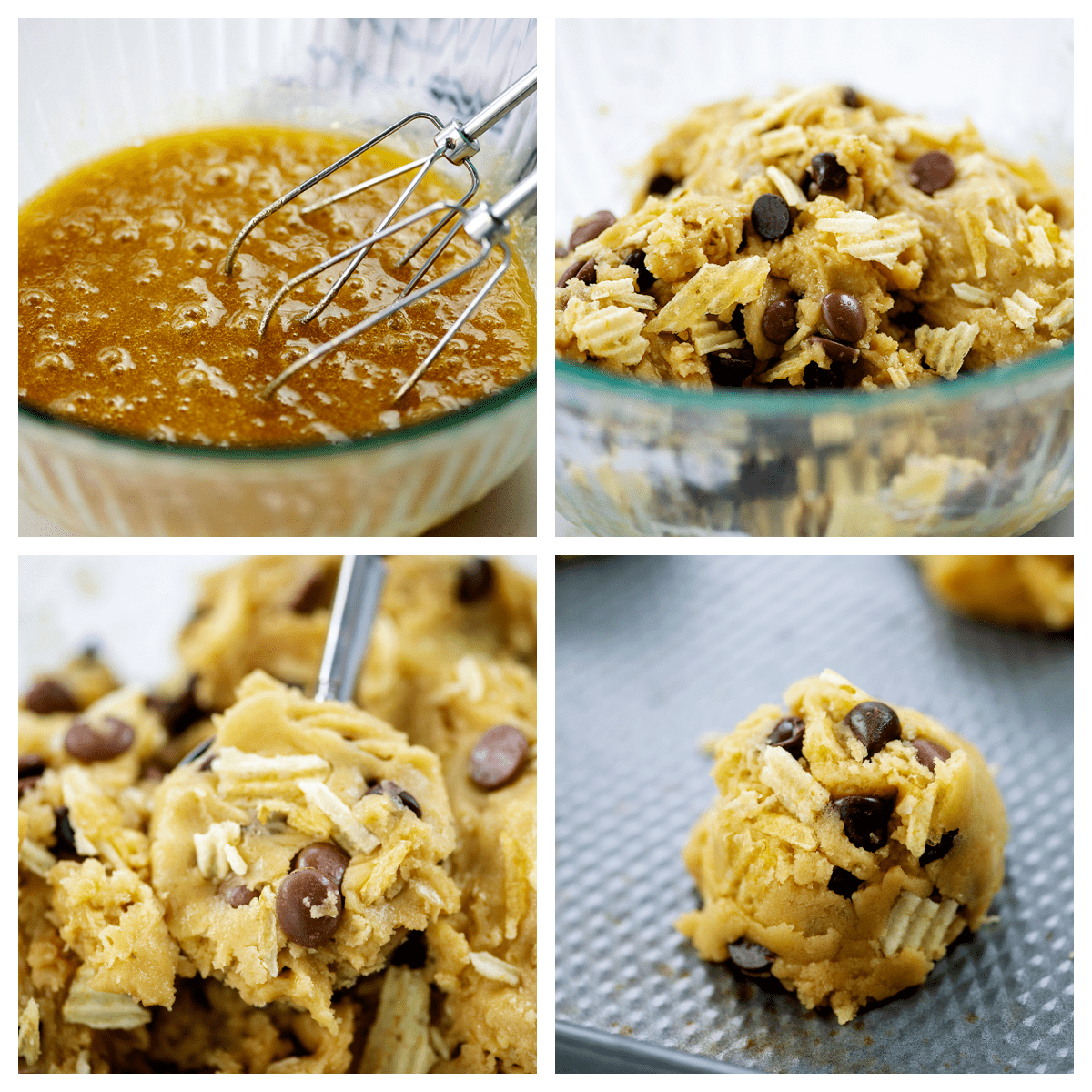 collage showing how to make potato chip cookies.