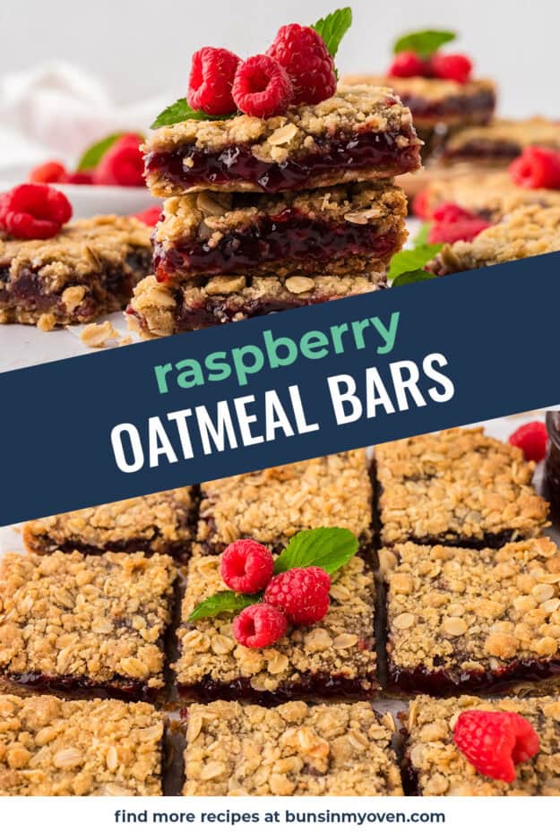 Collage of raspberry oatmeal bar images.