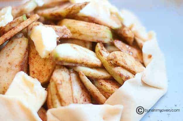 A closeup of apple slices in a pie crust