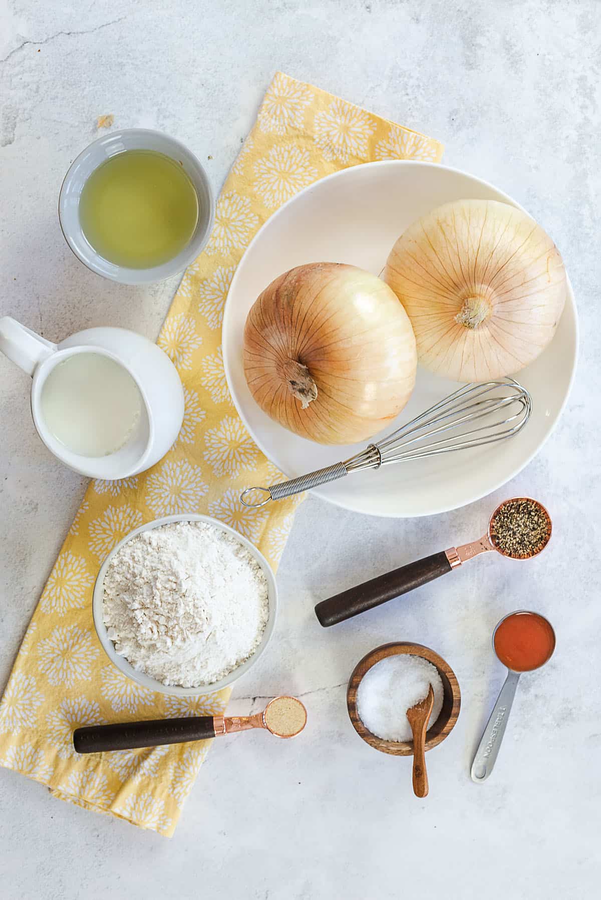 ingredients for homemade onion strings recipe.