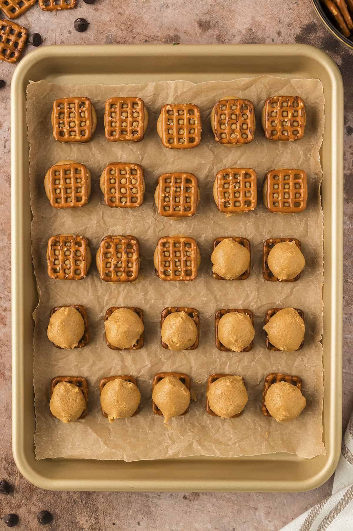 Peanut butter balls on pretzels.