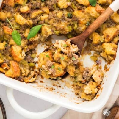 Dish full of sausage stuffing.