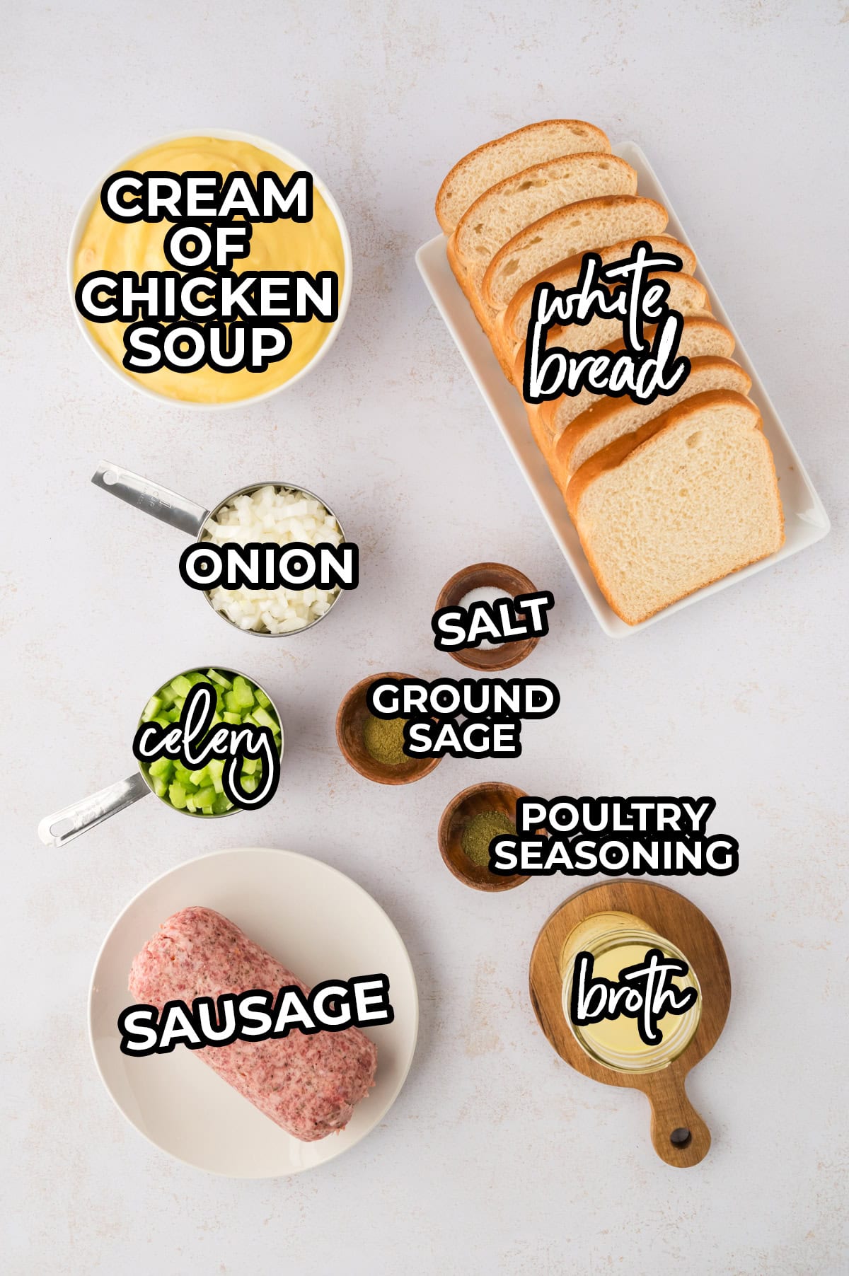 Ingredients for sausage dressing recipe.