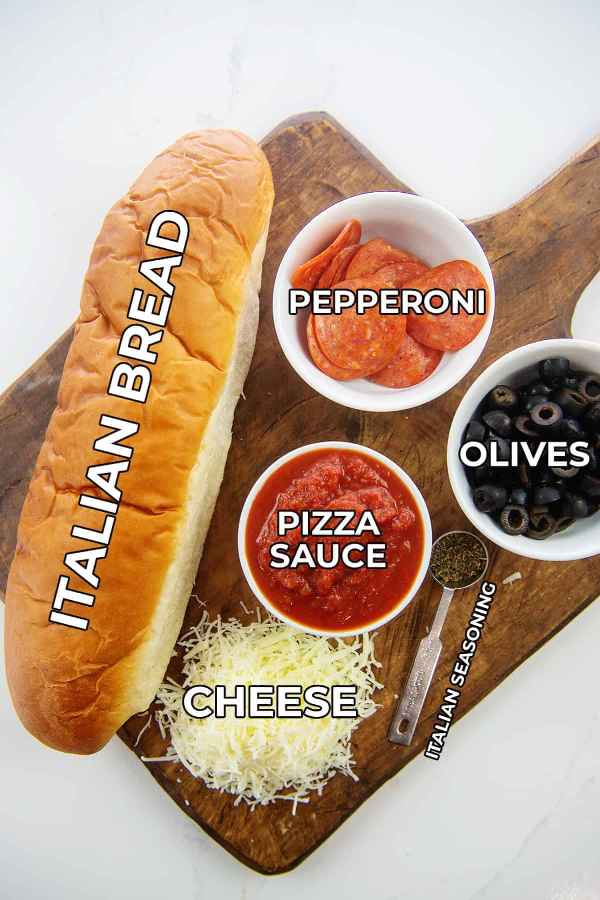 overhead view of ingredients for pizza bread.