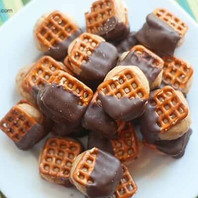 An overhead view of chocolate dipped pretzel bites