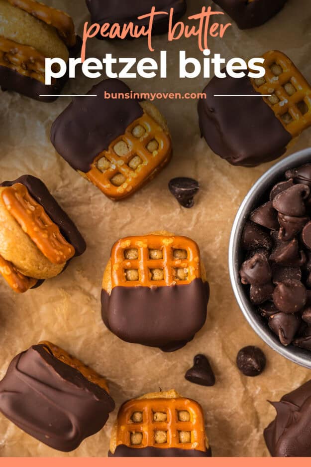 Peanut butter pretzel bites on sheet pan.